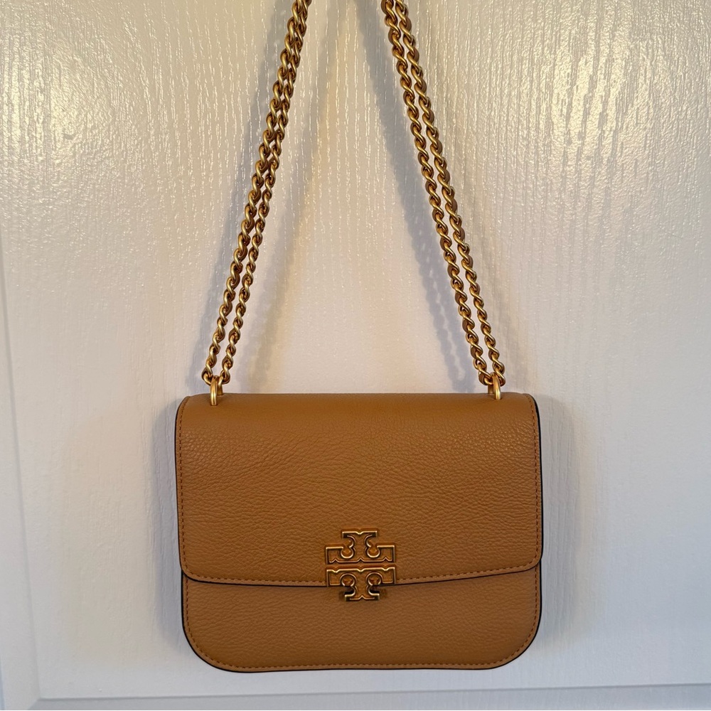 Tory Burch Britten Small Adjustable Shoulder Bag in tiramisu.